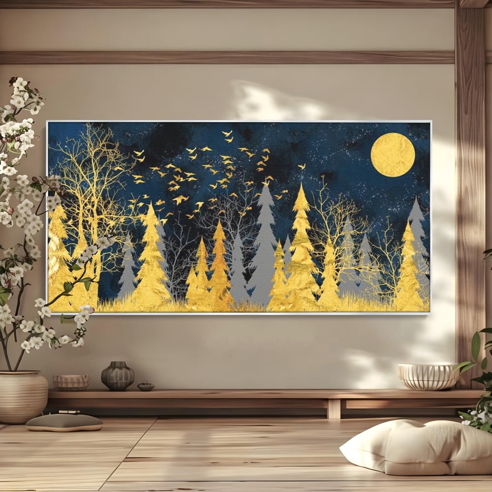 Tablou Canvas Premium, LuxCanva® M1043, Aur in Noapte, Padure, Pasari, Zbor, Copaci, Noapte, Auriu, Stele, Cer, Luna, Magie, Mister, Vis, Birou, Living, Camera Copil