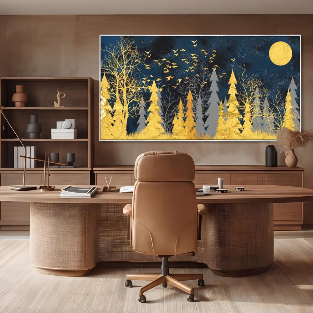 Tablou Canvas Premium, LuxCanva® M1043, Aur in Noapte, Padure, Pasari, Zbor, Copaci, Noapte, Auriu, Stele, Cer, Luna, Magie, Mister, Vis, Birou, Living, Camera Copil
