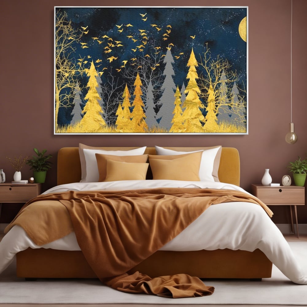 Tablou Canvas Premium, LuxCanva® M1043, Aur in Noapte, Padure, Pasari, Zbor, Copaci, Noapte, Auriu, Stele, Cer, Luna, Magie, Mister, Vis, Birou, Living, Camera Copil