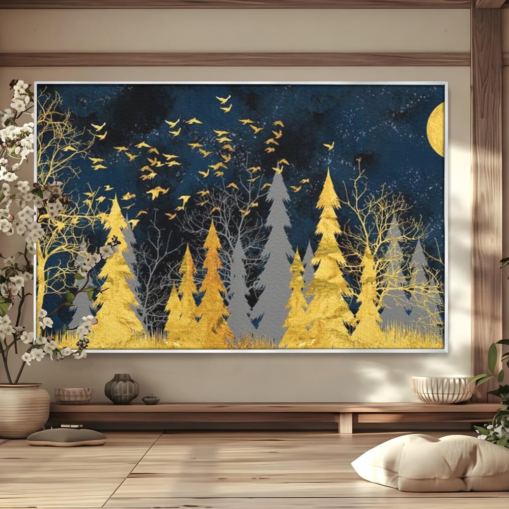 Tablou Canvas Premium, LuxCanva® M1043, Aur in Noapte, Padure, Pasari, Zbor, Copaci, Noapte, Auriu, Stele, Cer, Luna, Magie, Mister, Vis, Birou, Living, Camera Copil