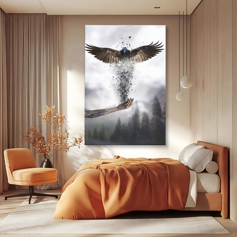 Tablou Canvas Premium, LuxCanva® M1044, Zbor din Cenusa, Zbor, Vultur, Pasare, Mana, Tatuaj, Cenusa, Aripi, Praf, Renastere, Magie, Birou, Living, Camera Copil