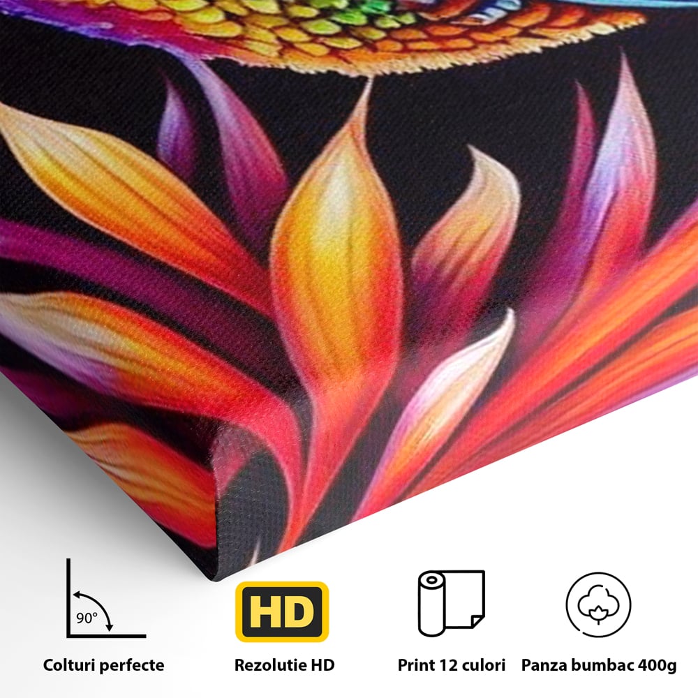 Tablou Canvas Premium, LuxCanva® M1045, Colibri in Contrast Tropical, Colibri, Zbor, Pasare, Neon, Petale, Electric, Vibrant, Contrast, Mic, Birou, Living, Camera Copil