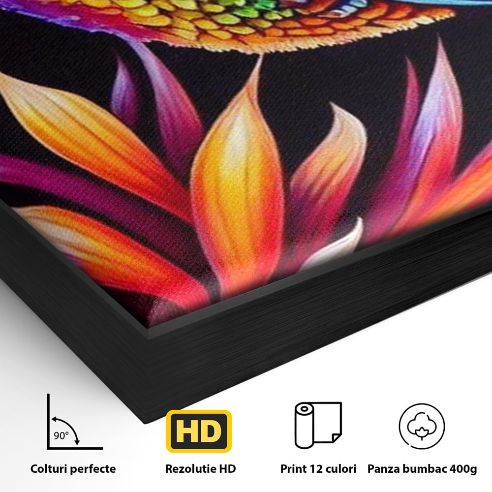 Tablou Canvas Premium, LuxCanva® M1045, Colibri in Contrast Tropical, Colibri, Zbor, Pasare, Neon, Petale, Electric, Vibrant, Contrast, Mic, Birou, Living, Camera Copil