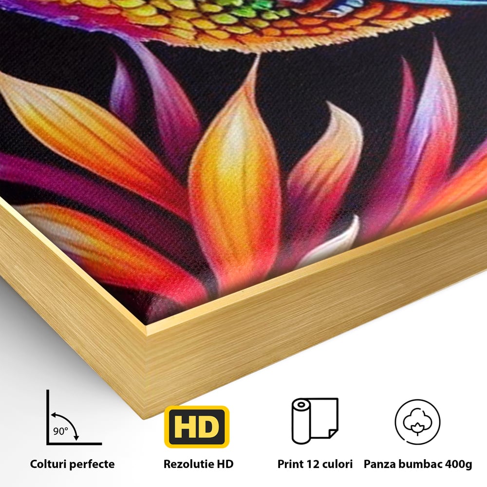 Tablou Canvas Premium, LuxCanva® M1045, Colibri in Contrast Tropical, Colibri, Zbor, Pasare, Neon, Petale, Electric, Vibrant, Contrast, Mic, Birou, Living, Camera Copil