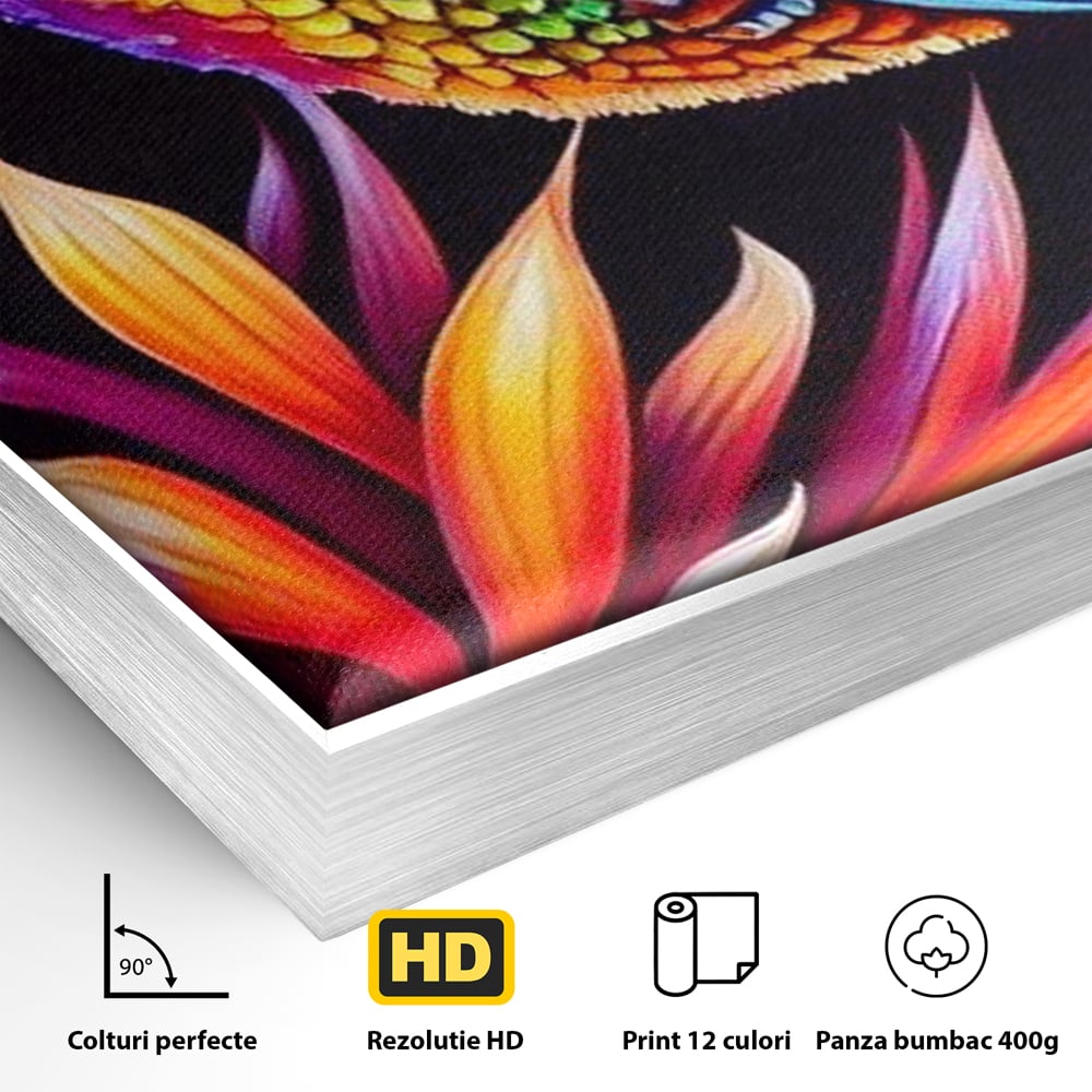 Tablou Canvas Premium, LuxCanva® M1045, Colibri in Contrast Tropical, Colibri, Zbor, Pasare, Neon, Petale, Electric, Vibrant, Contrast, Mic, Birou, Living, Camera Copil