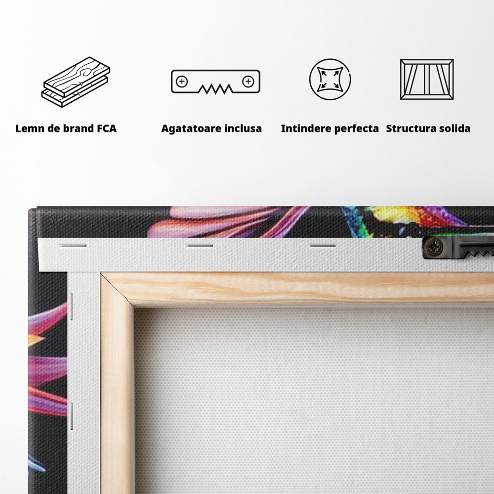 Tablou Canvas Premium, LuxCanva® M1045, Colibri in Contrast Tropical, Colibri, Zbor, Pasare, Neon, Petale, Electric, Vibrant, Contrast, Mic, Birou, Living, Camera Copil
