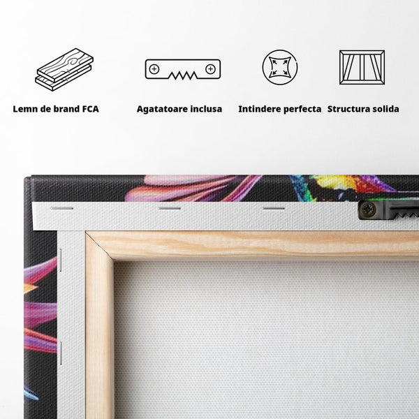 Tablou Canvas Premium, LuxCanva® M1045, Colibri in Contrast Tropical, Colibri, Zbor, Pasare, Neon, Petale, Electric, Vibrant, Contrast, Mic, Birou, Living, Camera Copil