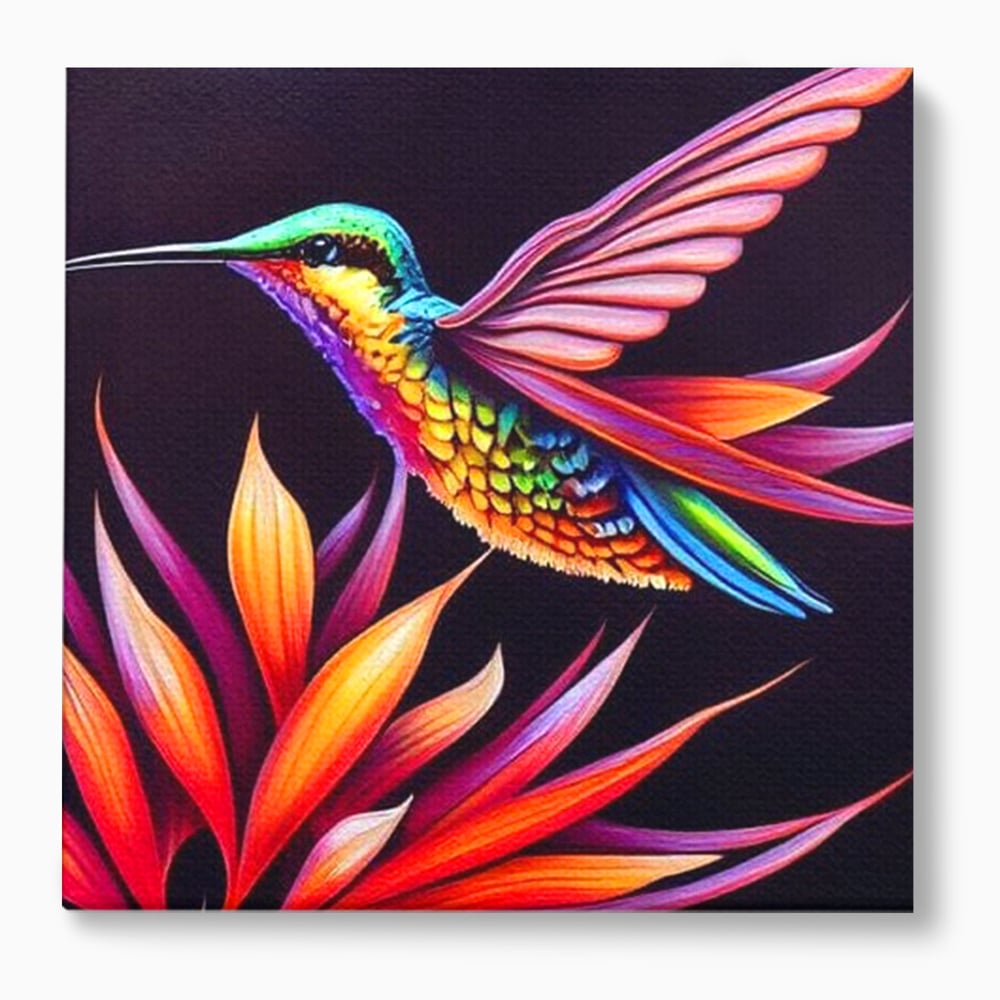 Tablou Canvas Premium, LuxCanva® M1045, Colibri in Contrast Tropical, Colibri, Zbor, Pasare, Neon, Petale, Electric, Vibrant, Contrast, Mic, Birou, Living, Camera Copil