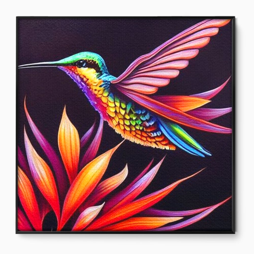 Tablou Canvas Premium, LuxCanva® M1045, Colibri in Contrast Tropical, Colibri, Zbor, Pasare, Neon, Petale, Electric, Vibrant, Contrast, Mic, Birou, Living, Camera Copil