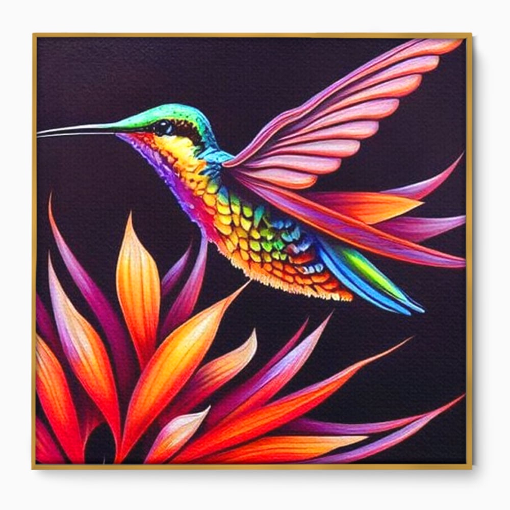 Tablou Canvas Premium, LuxCanva® M1045, Colibri in Contrast Tropical, Colibri, Zbor, Pasare, Neon, Petale, Electric, Vibrant, Contrast, Mic, Birou, Living, Camera Copil