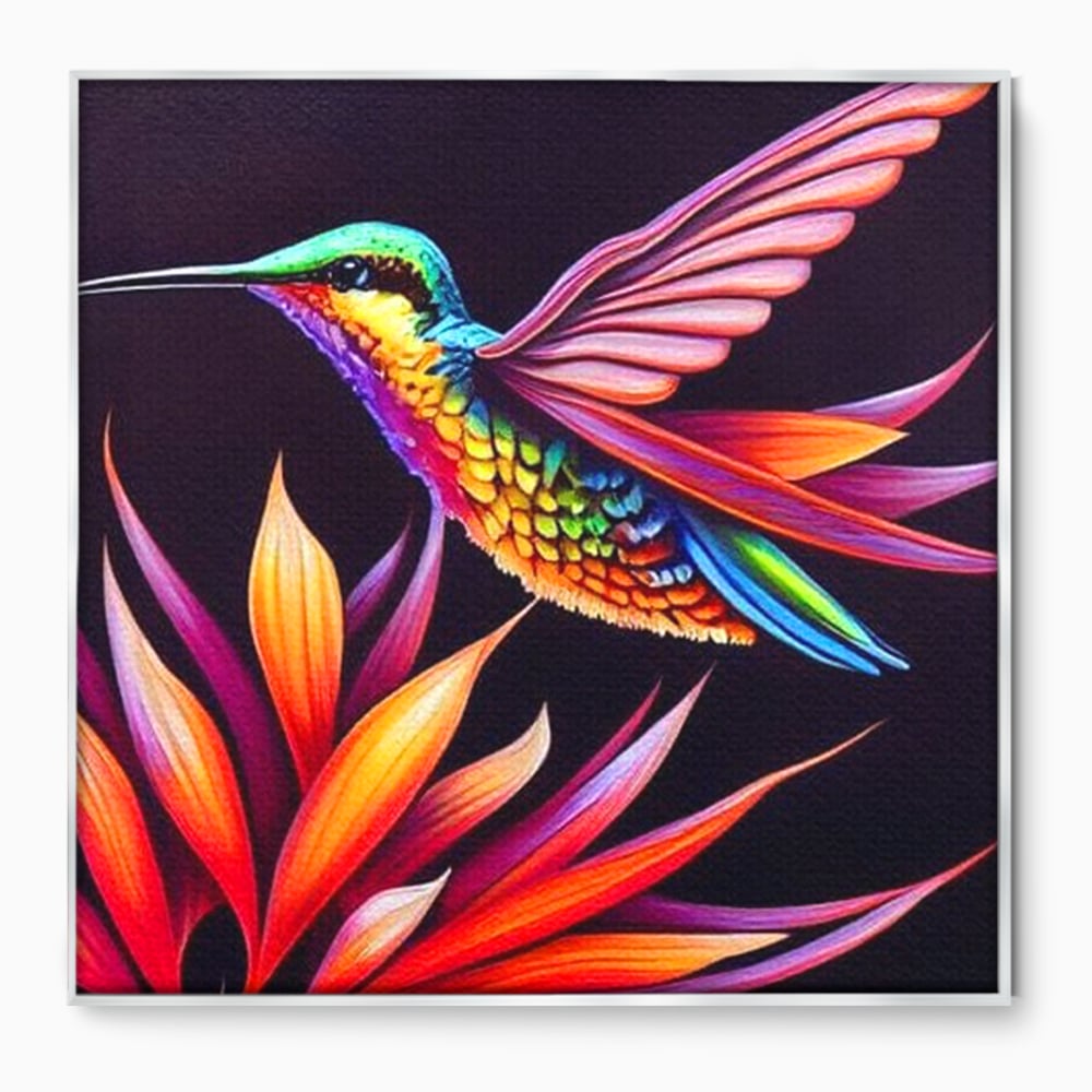 Tablou Canvas Premium, LuxCanva® M1045, Colibri in Contrast Tropical, Colibri, Zbor, Pasare, Neon, Petale, Electric, Vibrant, Contrast, Mic, Birou, Living, Camera Copil