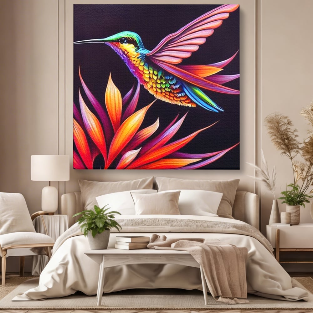 Tablou Canvas Premium, LuxCanva® M1045, Colibri in Contrast Tropical, Colibri, Zbor, Pasare, Neon, Petale, Electric, Vibrant, Contrast, Mic, Birou, Living, Camera Copil