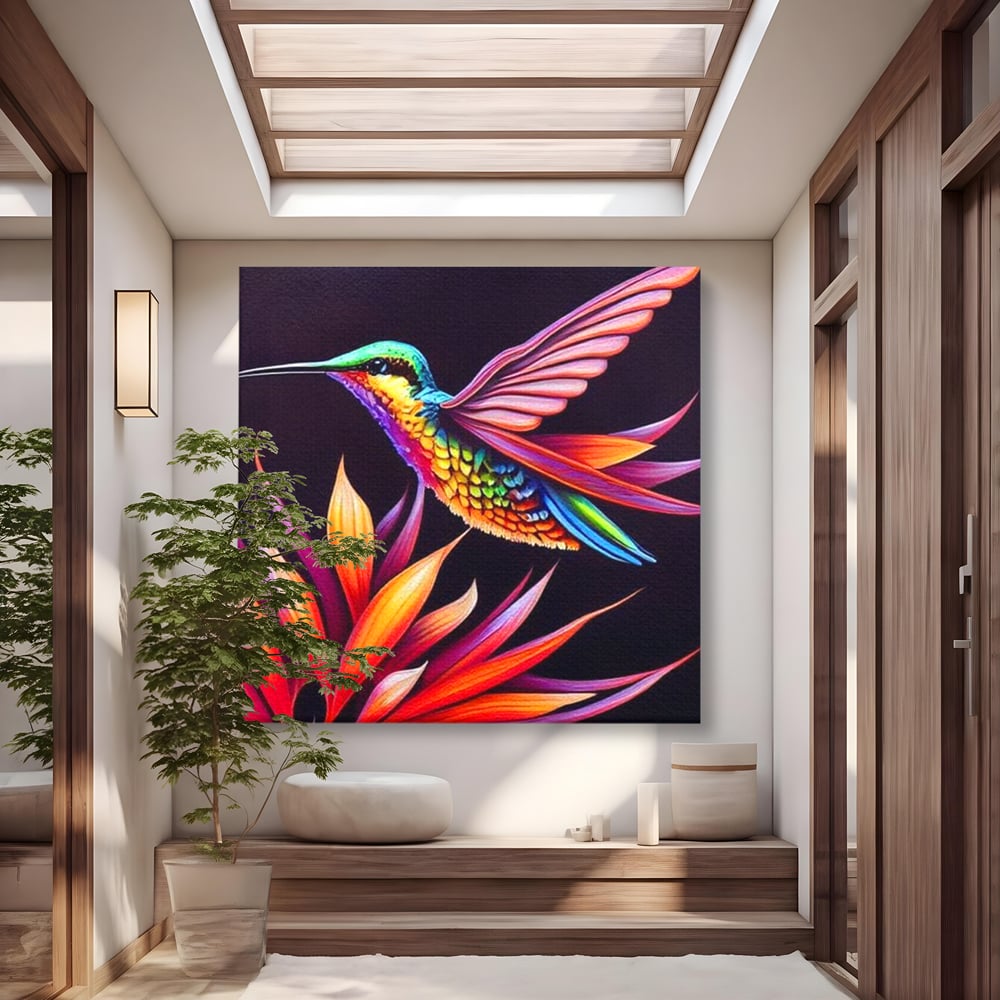 Tablou Canvas Premium, LuxCanva® M1045, Colibri in Contrast Tropical, Colibri, Zbor, Pasare, Neon, Petale, Electric, Vibrant, Contrast, Mic, Birou, Living, Camera Copil