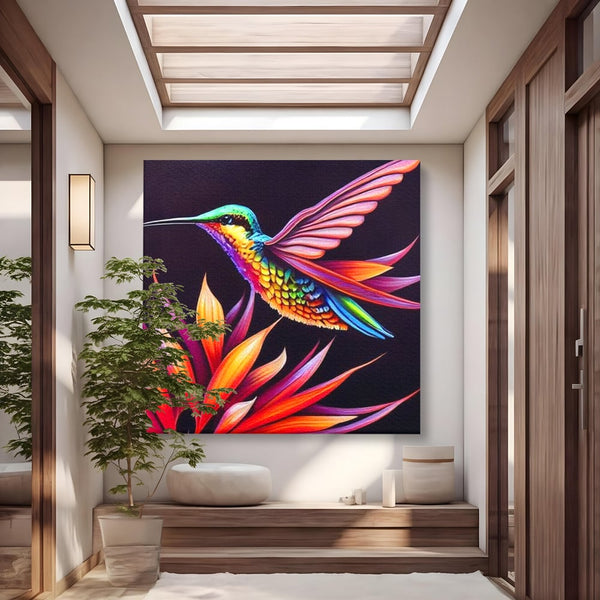 Tablou Canvas Premium, LuxCanva® M1045, Colibri in Contrast Tropical, Colibri, Zbor, Pasare, Neon, Petale, Electric, Vibrant, Contrast, Mic, Birou, Living, Camera Copil