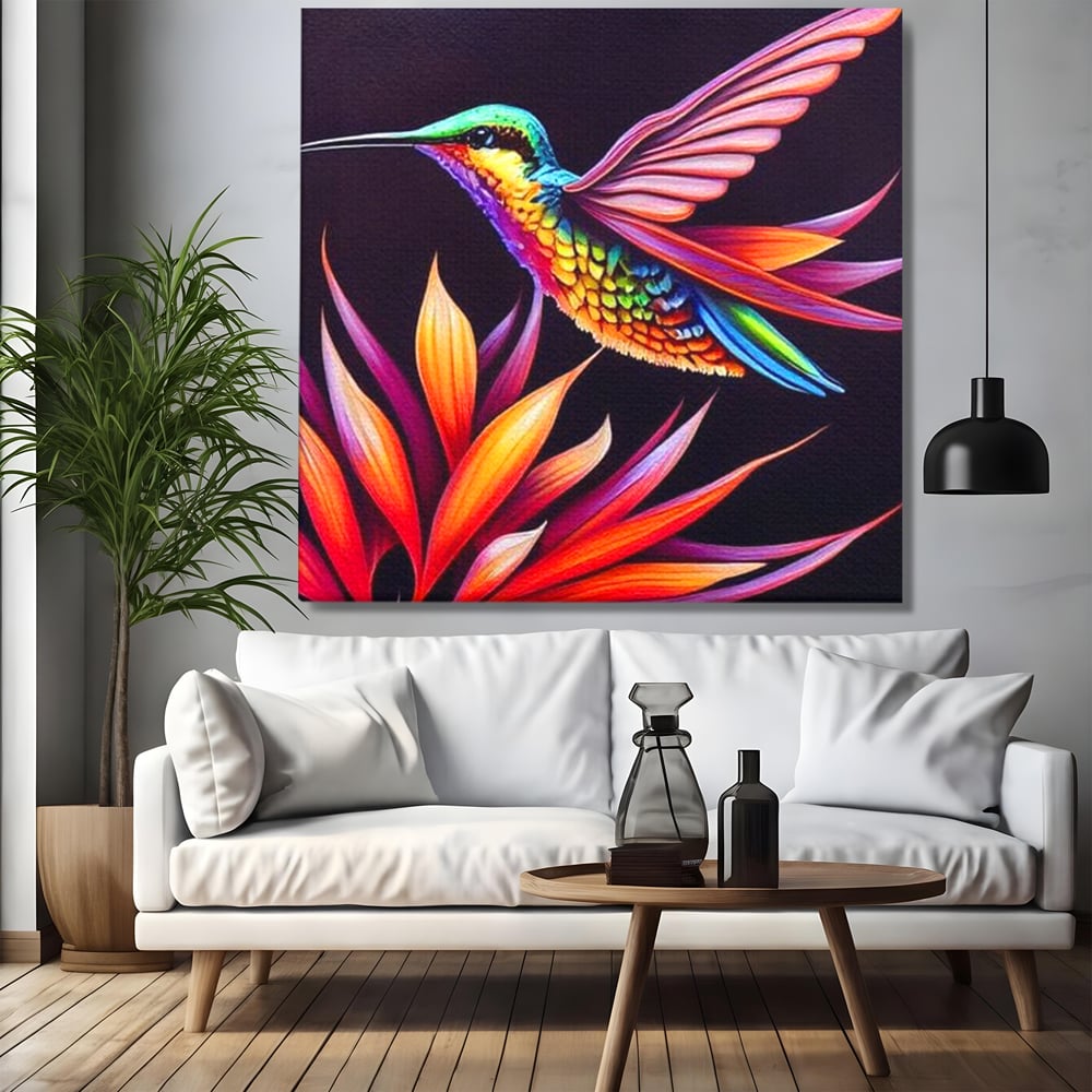 Tablou Canvas Premium, LuxCanva® M1045, Colibri in Contrast Tropical, Colibri, Zbor, Pasare, Neon, Petale, Electric, Vibrant, Contrast, Mic, Birou, Living, Camera Copil