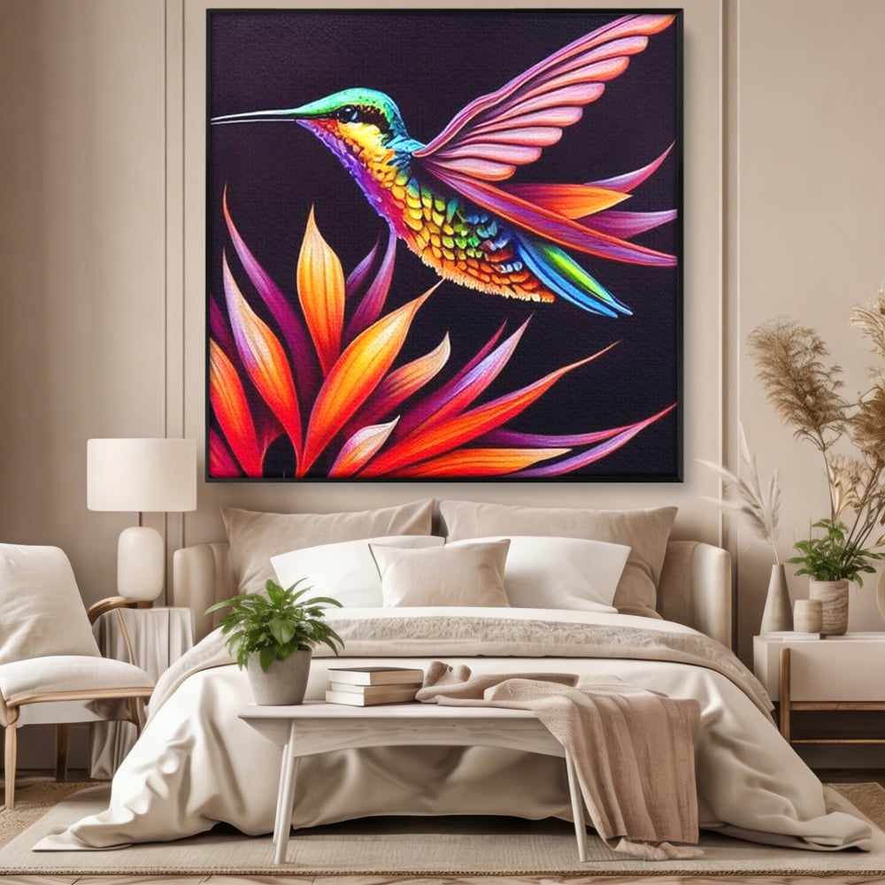 Tablou Canvas Premium, LuxCanva® M1045, Colibri in Contrast Tropical, Colibri, Zbor, Pasare, Neon, Petale, Electric, Vibrant, Contrast, Mic, Birou, Living, Camera Copil