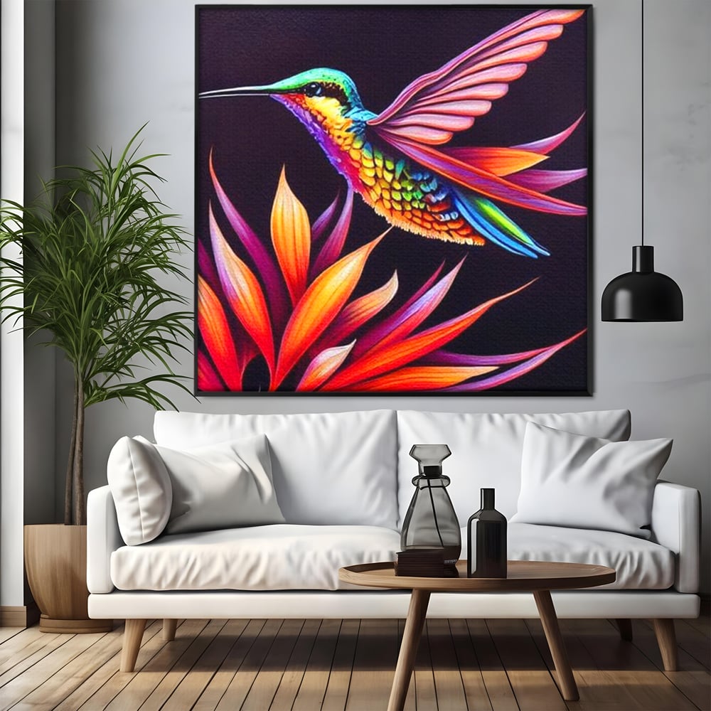Tablou Canvas Premium, LuxCanva® M1045, Colibri in Contrast Tropical, Colibri, Zbor, Pasare, Neon, Petale, Electric, Vibrant, Contrast, Mic, Birou, Living, Camera Copil