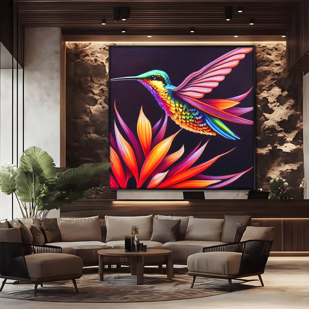 Tablou Canvas Premium, LuxCanva® M1045, Colibri in Contrast Tropical, Colibri, Zbor, Pasare, Neon, Petale, Electric, Vibrant, Contrast, Mic, Birou, Living, Camera Copil