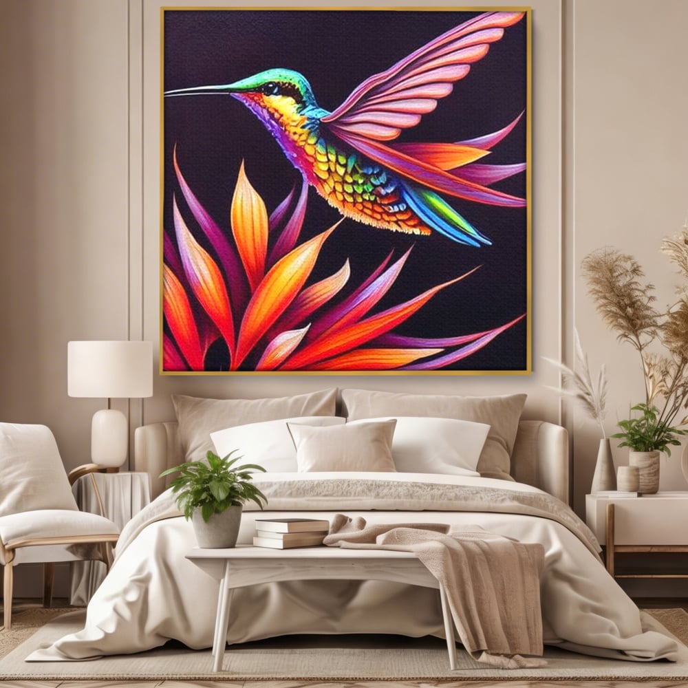 Tablou Canvas Premium, LuxCanva® M1045, Colibri in Contrast Tropical, Colibri, Zbor, Pasare, Neon, Petale, Electric, Vibrant, Contrast, Mic, Birou, Living, Camera Copil