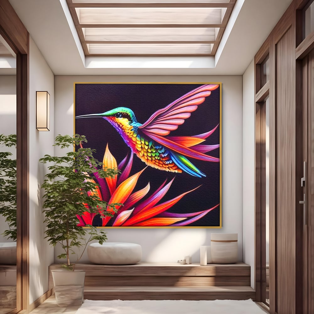 Tablou Canvas Premium, LuxCanva® M1045, Colibri in Contrast Tropical, Colibri, Zbor, Pasare, Neon, Petale, Electric, Vibrant, Contrast, Mic, Birou, Living, Camera Copil