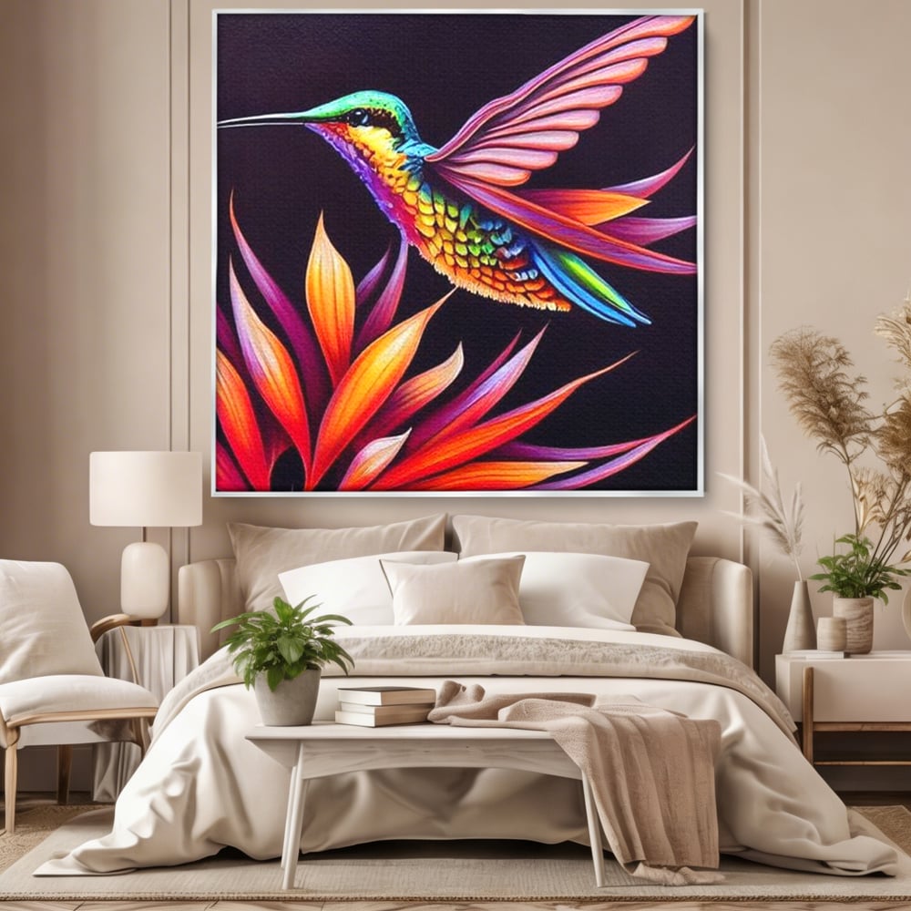 Tablou Canvas Premium, LuxCanva® M1045, Colibri in Contrast Tropical, Colibri, Zbor, Pasare, Neon, Petale, Electric, Vibrant, Contrast, Mic, Birou, Living, Camera Copil