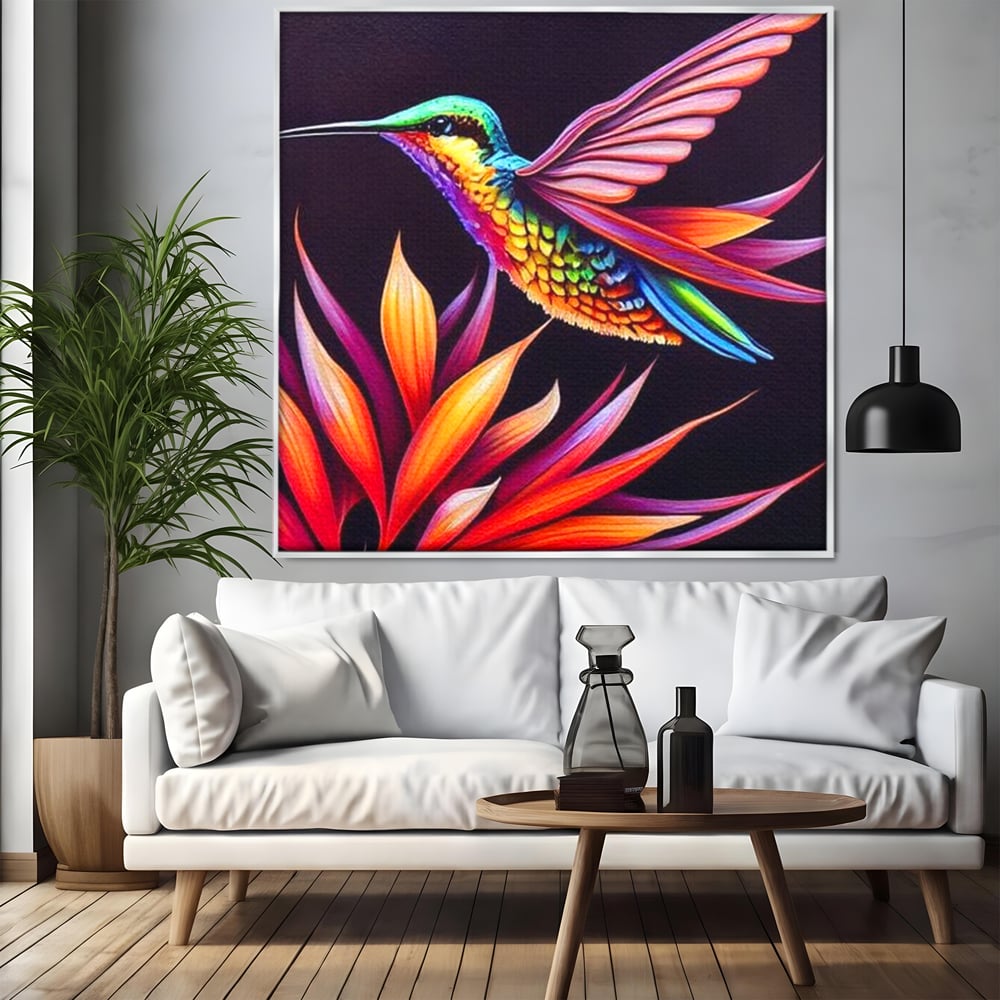 Tablou Canvas Premium, LuxCanva® M1045, Colibri in Contrast Tropical, Colibri, Zbor, Pasare, Neon, Petale, Electric, Vibrant, Contrast, Mic, Birou, Living, Camera Copil