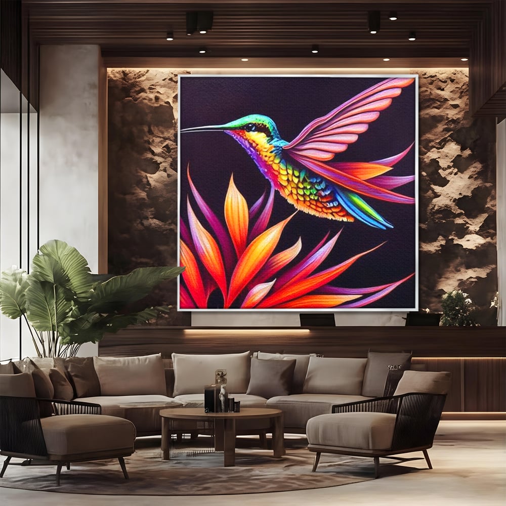 Tablou Canvas Premium, LuxCanva® M1045, Colibri in Contrast Tropical, Colibri, Zbor, Pasare, Neon, Petale, Electric, Vibrant, Contrast, Mic, Birou, Living, Camera Copil