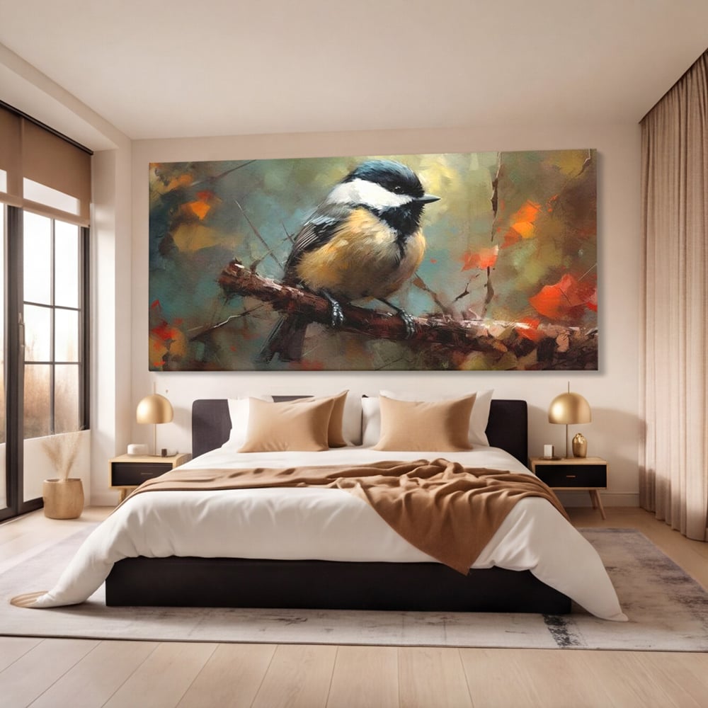 Leinwand Wandkunst Leinwand Wandkunst Premium, LuxCanva® M1046, Herbst auf Zweig, Zweig, Zweig, Herbst, Jahreszeit, Vogel, entspannend, Wald, Frieden, Blätter, Büro, Wohnen, Kinderzimmer
