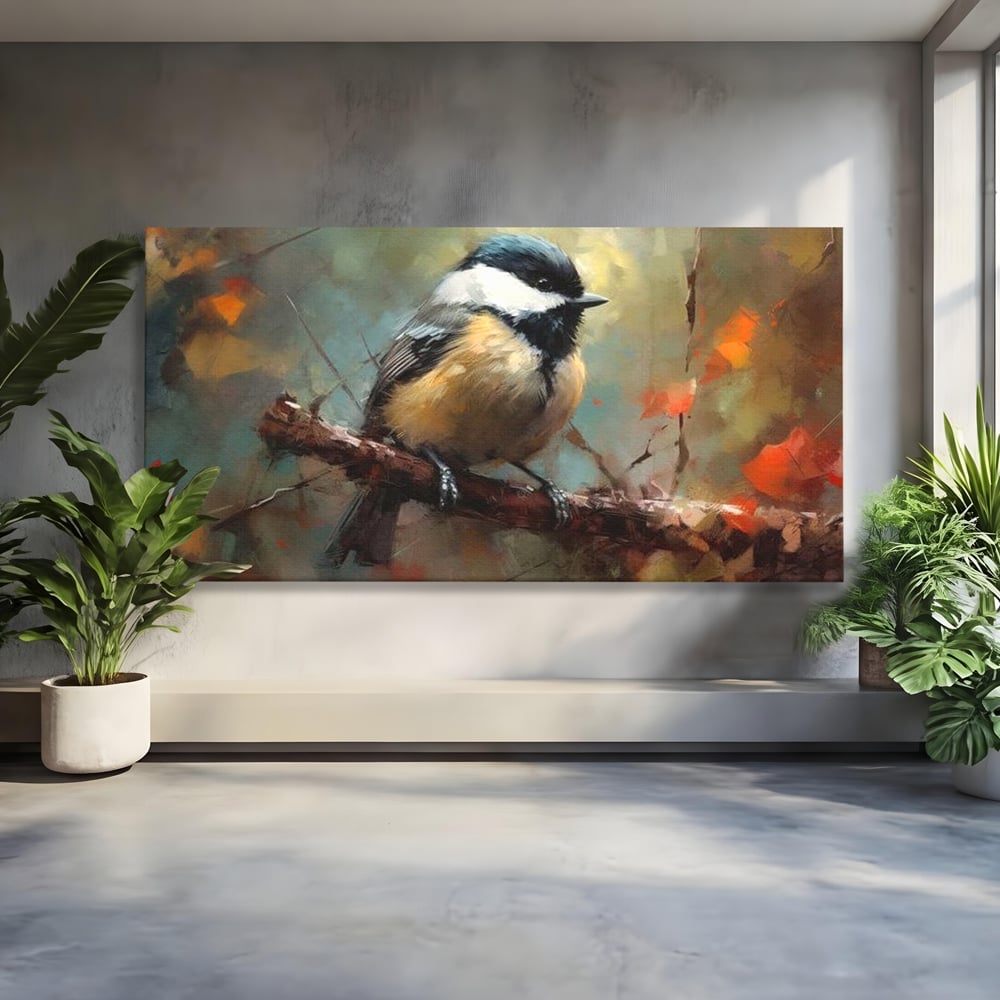 Leinwand Wandkunst Leinwand Wandkunst Premium, LuxCanva® M1046, Herbst auf Zweig, Zweig, Zweig, Herbst, Jahreszeit, Vogel, entspannend, Wald, Frieden, Blätter, Büro, Wohnen, Kinderzimmer