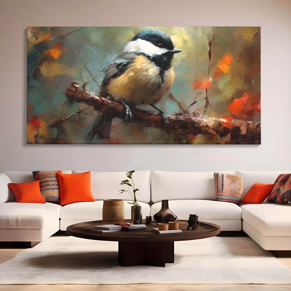 Leinwand Wandkunst Leinwand Wandkunst Premium, LuxCanva® M1046, Herbst auf Zweig, Zweig, Zweig, Herbst, Jahreszeit, Vogel, entspannend, Wald, Frieden, Blätter, Büro, Wohnen, Kinderzimmer
