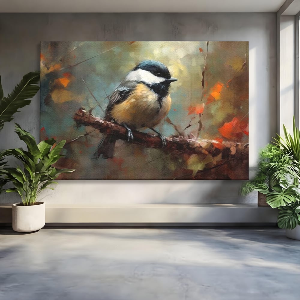 Leinwand Wandkunst Leinwand Wandkunst Premium, LuxCanva® M1046, Herbst auf Zweig, Zweig, Zweig, Herbst, Jahreszeit, Vogel, entspannend, Wald, Frieden, Blätter, Büro, Wohnen, Kinderzimmer