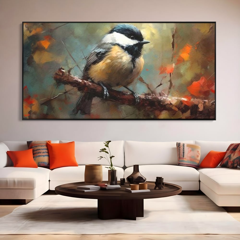 Leinwand Wandkunst Leinwand Wandkunst Premium, LuxCanva® M1046, Herbst auf Zweig, Zweig, Zweig, Herbst, Jahreszeit, Vogel, entspannend, Wald, Frieden, Blätter, Büro, Wohnen, Kinderzimmer