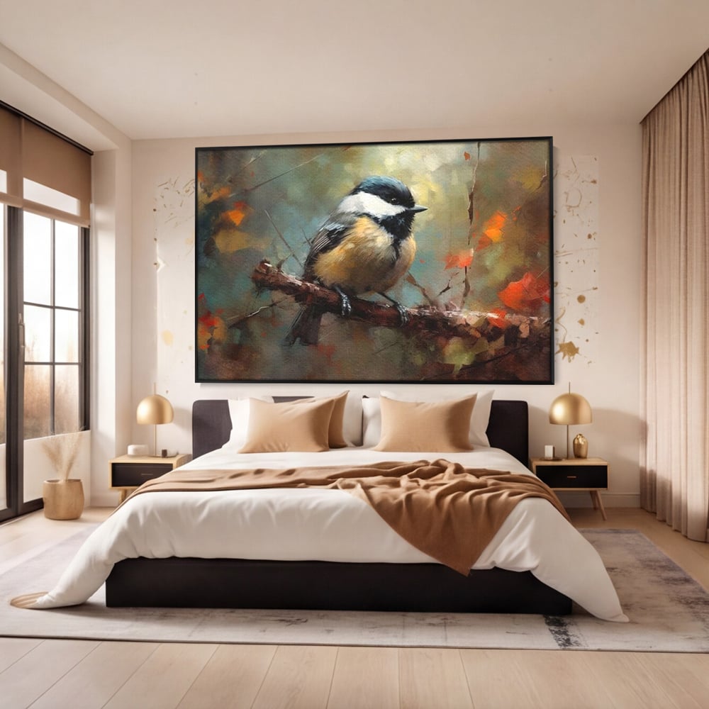 Leinwand Wandkunst Leinwand Wandkunst Premium, LuxCanva® M1046, Herbst auf Zweig, Zweig, Zweig, Herbst, Jahreszeit, Vogel, entspannend, Wald, Frieden, Blätter, Büro, Wohnen, Kinderzimmer