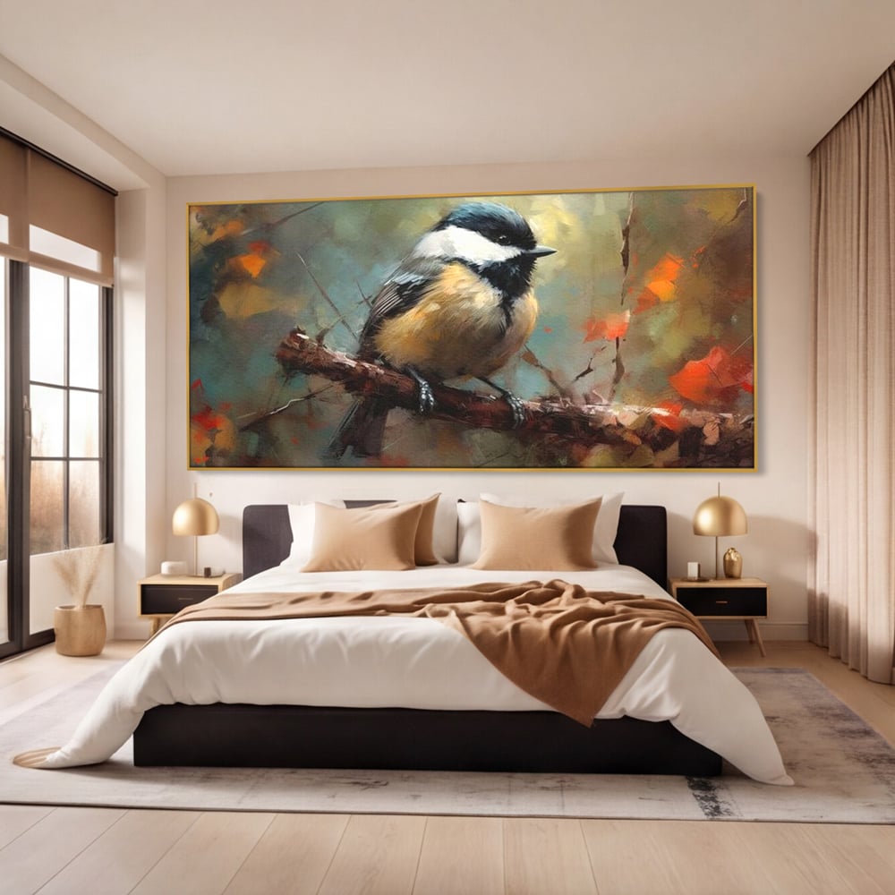 Leinwand Wandkunst Leinwand Wandkunst Premium, LuxCanva® M1046, Herbst auf Zweig, Zweig, Zweig, Herbst, Jahreszeit, Vogel, entspannend, Wald, Frieden, Blätter, Büro, Wohnen, Kinderzimmer