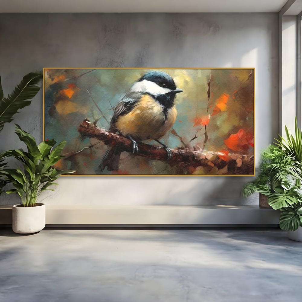 Leinwand Wandkunst Leinwand Wandkunst Premium, LuxCanva® M1046, Herbst auf Zweig, Zweig, Zweig, Herbst, Jahreszeit, Vogel, entspannend, Wald, Frieden, Blätter, Büro, Wohnen, Kinderzimmer