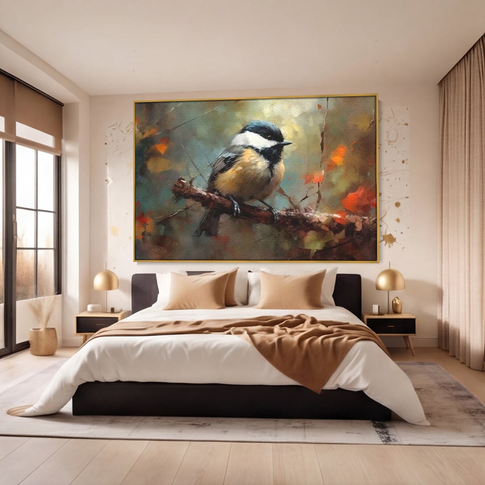 Leinwand Wandkunst Leinwand Wandkunst Premium, LuxCanva® M1046, Herbst auf Zweig, Zweig, Zweig, Herbst, Jahreszeit, Vogel, entspannend, Wald, Frieden, Blätter, Büro, Wohnen, Kinderzimmer
