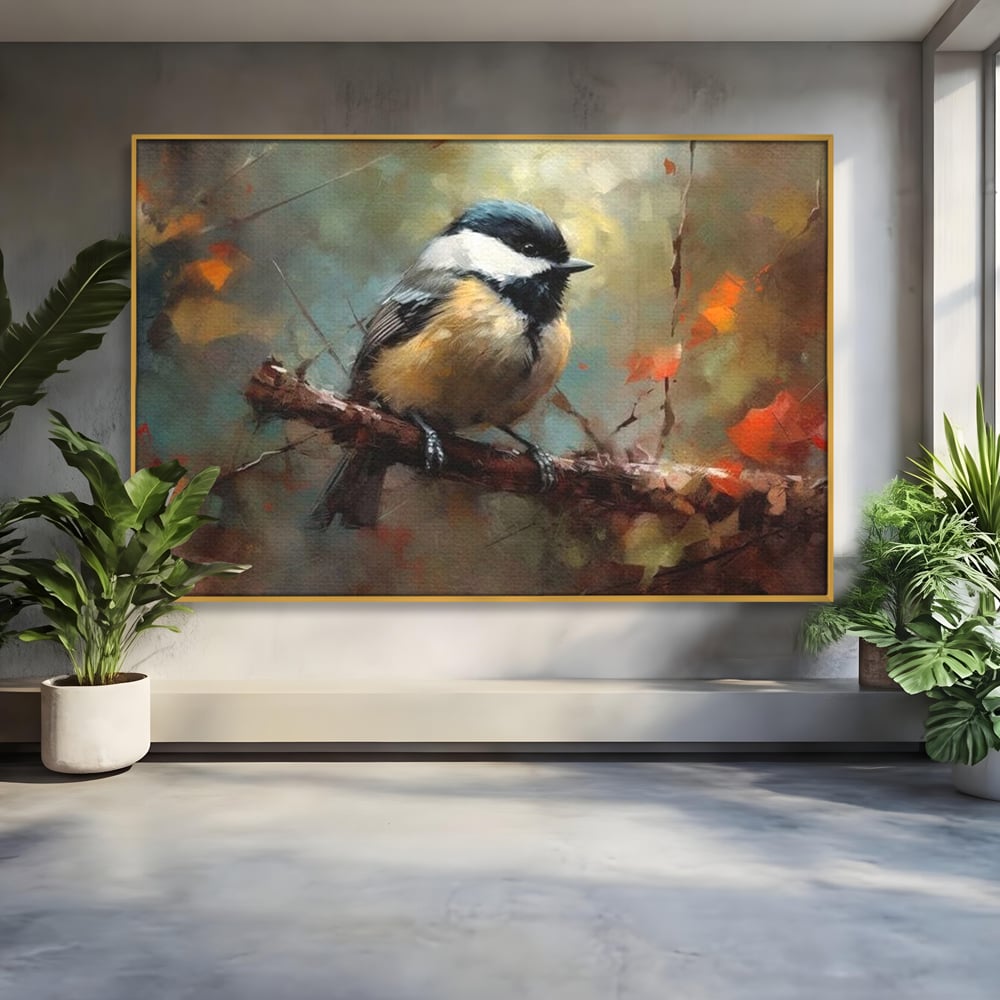 Leinwand Wandkunst Leinwand Wandkunst Premium, LuxCanva® M1046, Herbst auf Zweig, Zweig, Zweig, Herbst, Jahreszeit, Vogel, entspannend, Wald, Frieden, Blätter, Büro, Wohnen, Kinderzimmer