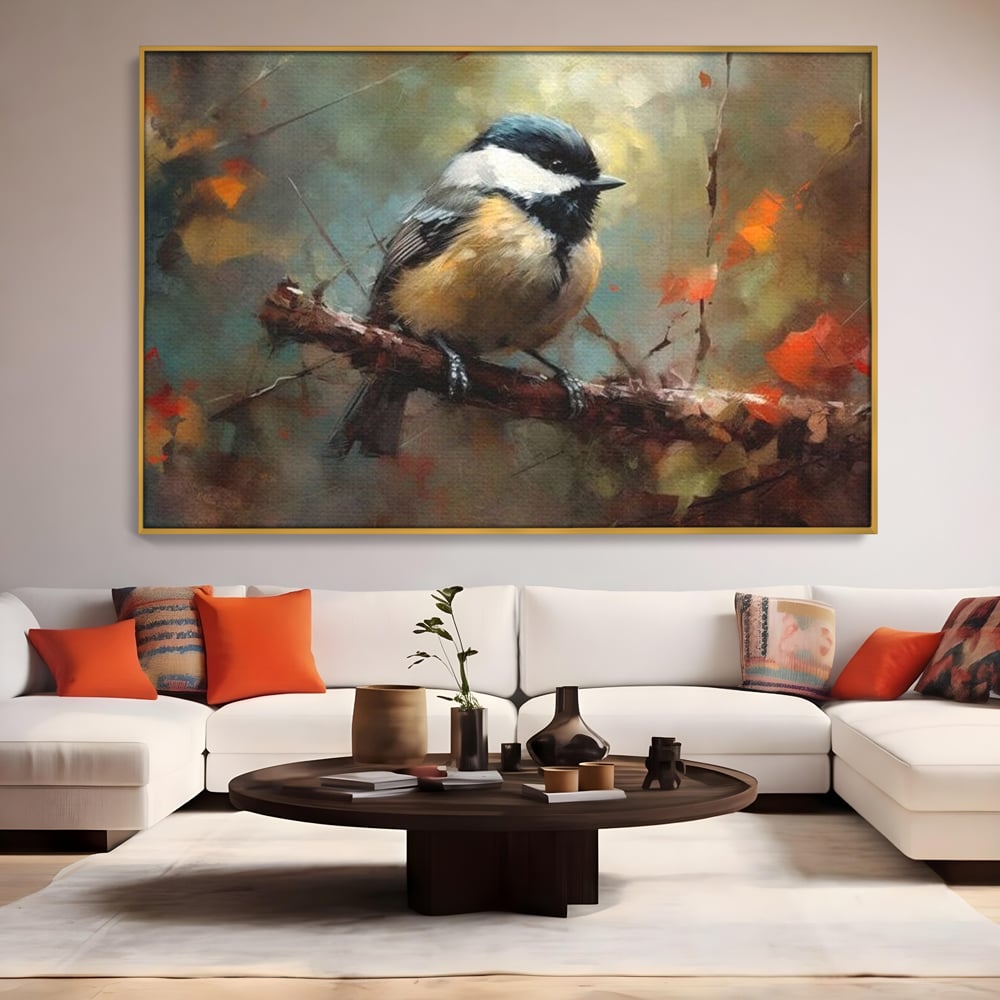 Leinwand Wandkunst Leinwand Wandkunst Premium, LuxCanva® M1046, Herbst auf Zweig, Zweig, Zweig, Herbst, Jahreszeit, Vogel, entspannend, Wald, Frieden, Blätter, Büro, Wohnen, Kinderzimmer