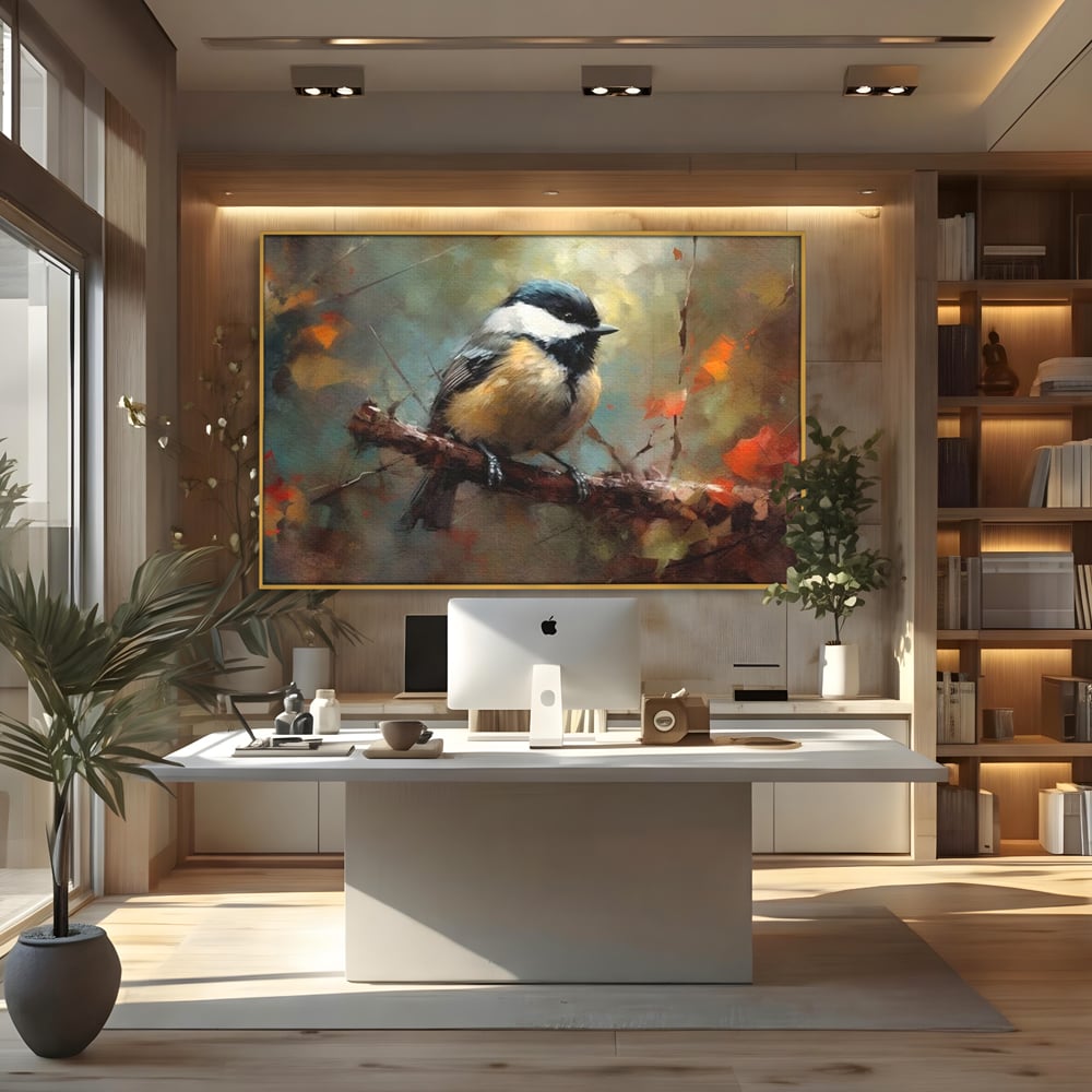 Leinwand Wandkunst Leinwand Wandkunst Premium, LuxCanva® M1046, Herbst auf Zweig, Zweig, Zweig, Herbst, Jahreszeit, Vogel, entspannend, Wald, Frieden, Blätter, Büro, Wohnen, Kinderzimmer