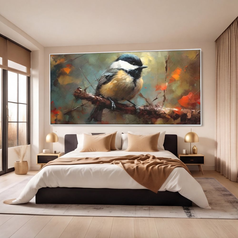 Leinwand Wandkunst Leinwand Wandkunst Premium, LuxCanva® M1046, Herbst auf Zweig, Zweig, Zweig, Herbst, Jahreszeit, Vogel, entspannend, Wald, Frieden, Blätter, Büro, Wohnen, Kinderzimmer