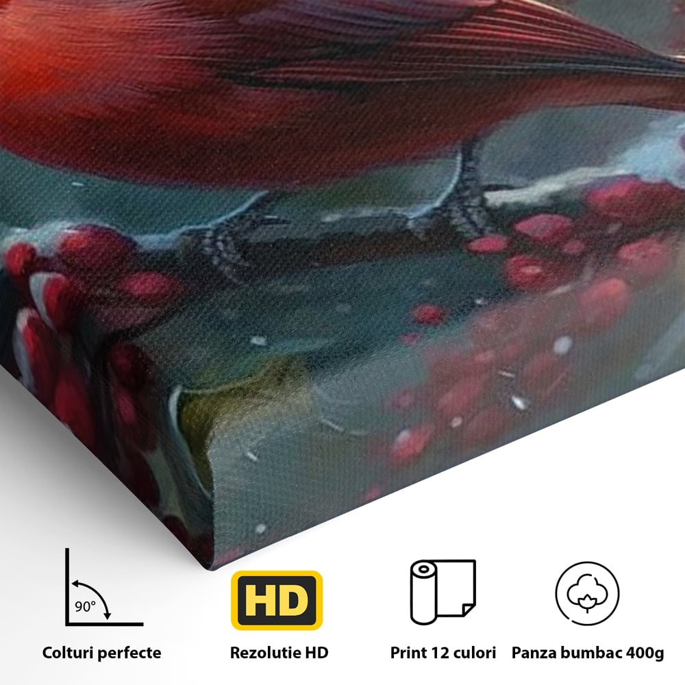 Tablou Canvas Premium, LuxCanva® M1047, Focul Iernii, Cardinal, Rosu, Pasare, Penaj, Iarna, Zapada, Ramura, Viscol, Dragalas, Frunze, Contrast, Birou, Living, Camera Copil