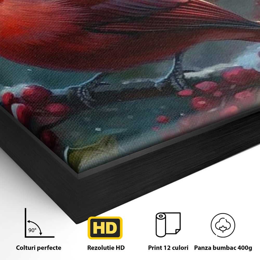 Tablou Canvas Premium, LuxCanva® M1047, Focul Iernii, Cardinal, Rosu, Pasare, Penaj, Iarna, Zapada, Ramura, Viscol, Dragalas, Frunze, Contrast, Birou, Living, Camera Copil