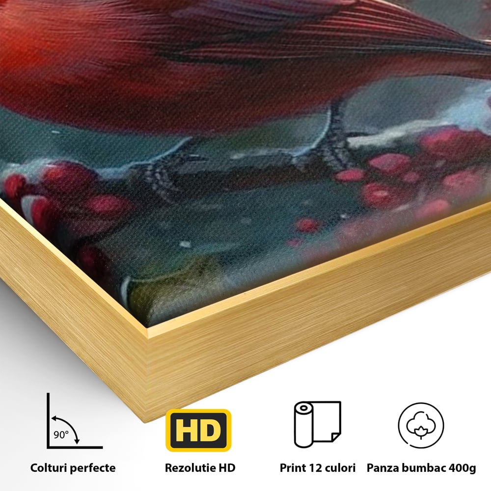 Tablou Canvas Premium, LuxCanva® M1047, Focul Iernii, Cardinal, Rosu, Pasare, Penaj, Iarna, Zapada, Ramura, Viscol, Dragalas, Frunze, Contrast, Birou, Living, Camera Copil