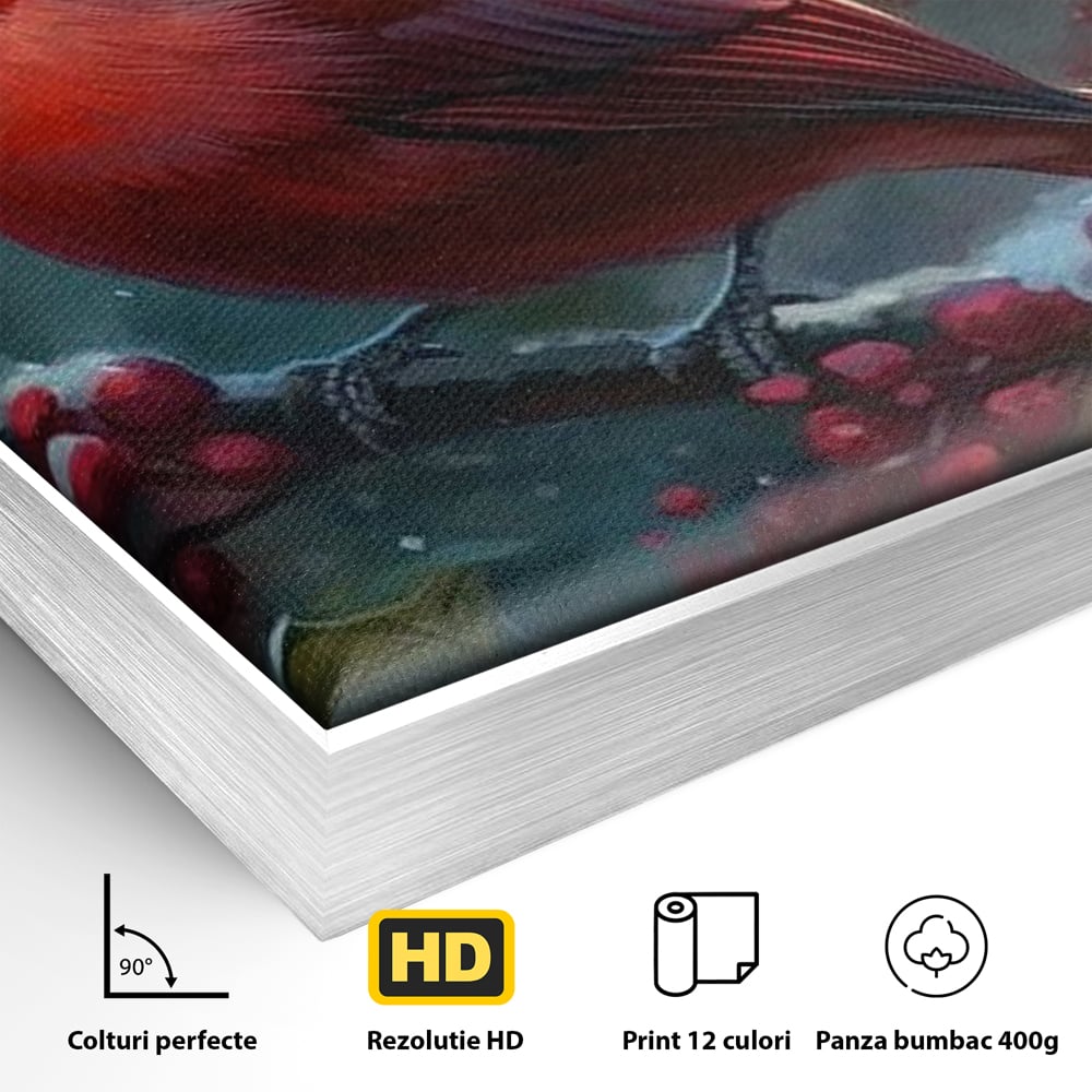 Tablou Canvas Premium, LuxCanva® M1047, Focul Iernii, Cardinal, Rosu, Pasare, Penaj, Iarna, Zapada, Ramura, Viscol, Dragalas, Frunze, Contrast, Birou, Living, Camera Copil