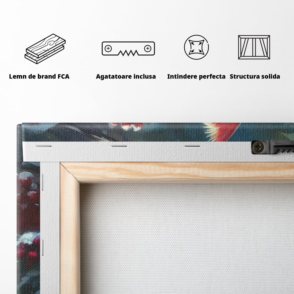Tablou Canvas Premium, LuxCanva® M1047, Focul Iernii, Cardinal, Rosu, Pasare, Penaj, Iarna, Zapada, Ramura, Viscol, Dragalas, Frunze, Contrast, Birou, Living, Camera Copil