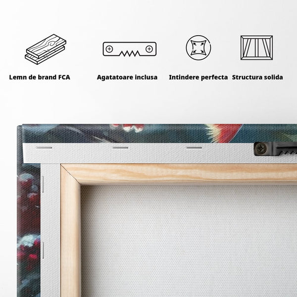 Tablou Canvas Premium, LuxCanva® M1047, Focul Iernii, Cardinal, Rosu, Pasare, Penaj, Iarna, Zapada, Ramura, Viscol, Dragalas, Frunze, Contrast, Birou, Living, Camera Copil