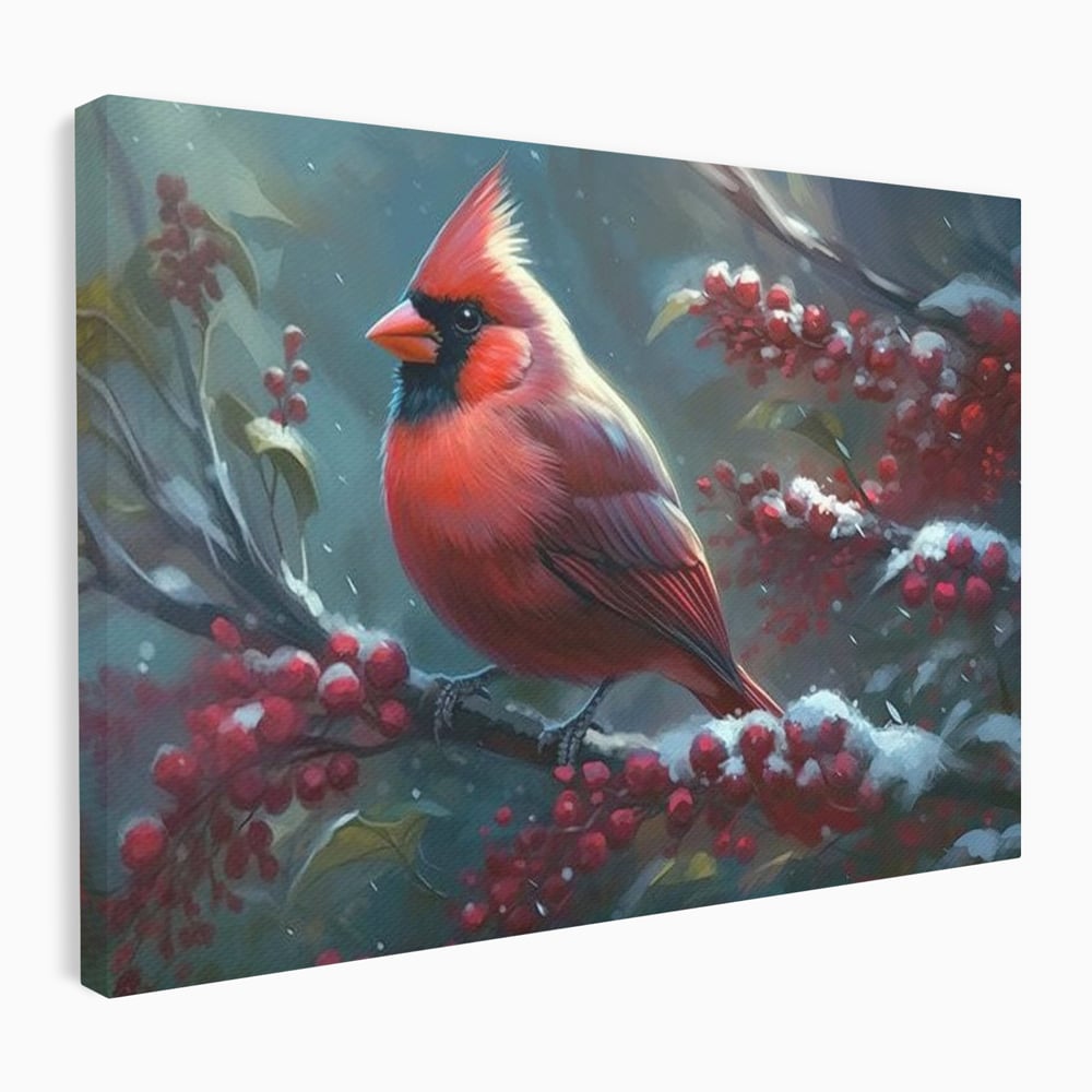 Tablou Canvas Premium, LuxCanva® M1047, Focul Iernii, Cardinal, Rosu, Pasare, Penaj, Iarna, Zapada, Ramura, Viscol, Dragalas, Frunze, Contrast, Birou, Living, Camera Copil