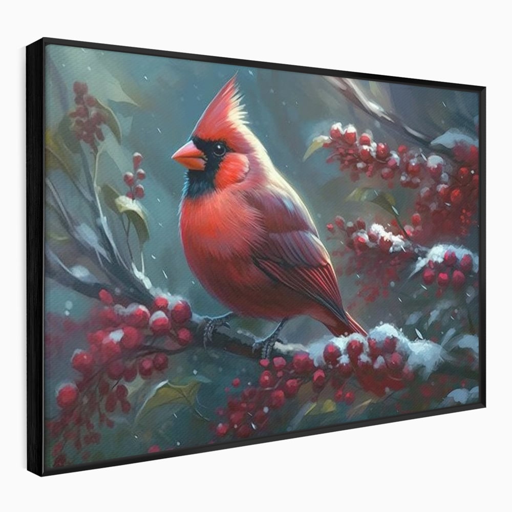 Tablou Canvas Premium, LuxCanva® M1047, Focul Iernii, Cardinal, Rosu, Pasare, Penaj, Iarna, Zapada, Ramura, Viscol, Dragalas, Frunze, Contrast, Birou, Living, Camera Copil