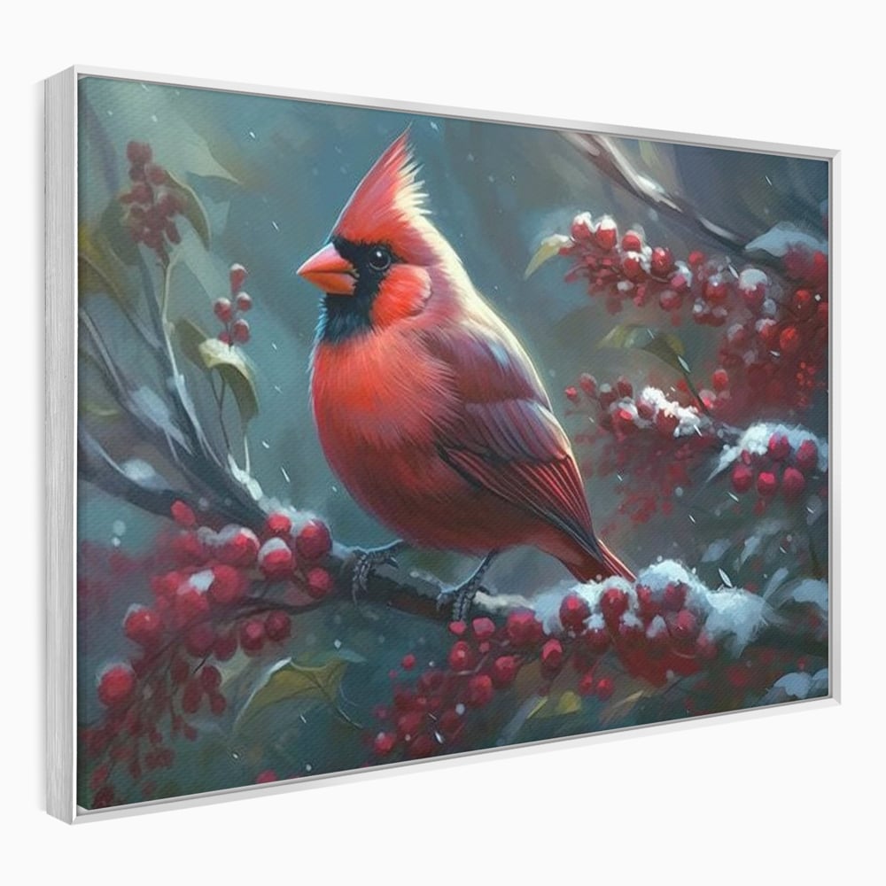 Tablou Canvas Premium, LuxCanva® M1047, Focul Iernii, Cardinal, Rosu, Pasare, Penaj, Iarna, Zapada, Ramura, Viscol, Dragalas, Frunze, Contrast, Birou, Living, Camera Copil