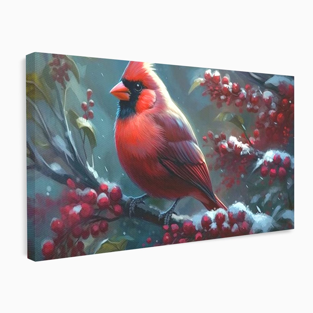 Tablou Canvas Premium, LuxCanva® M1047, Focul Iernii, Cardinal, Rosu, Pasare, Penaj, Iarna, Zapada, Ramura, Viscol, Dragalas, Frunze, Contrast, Birou, Living, Camera Copil